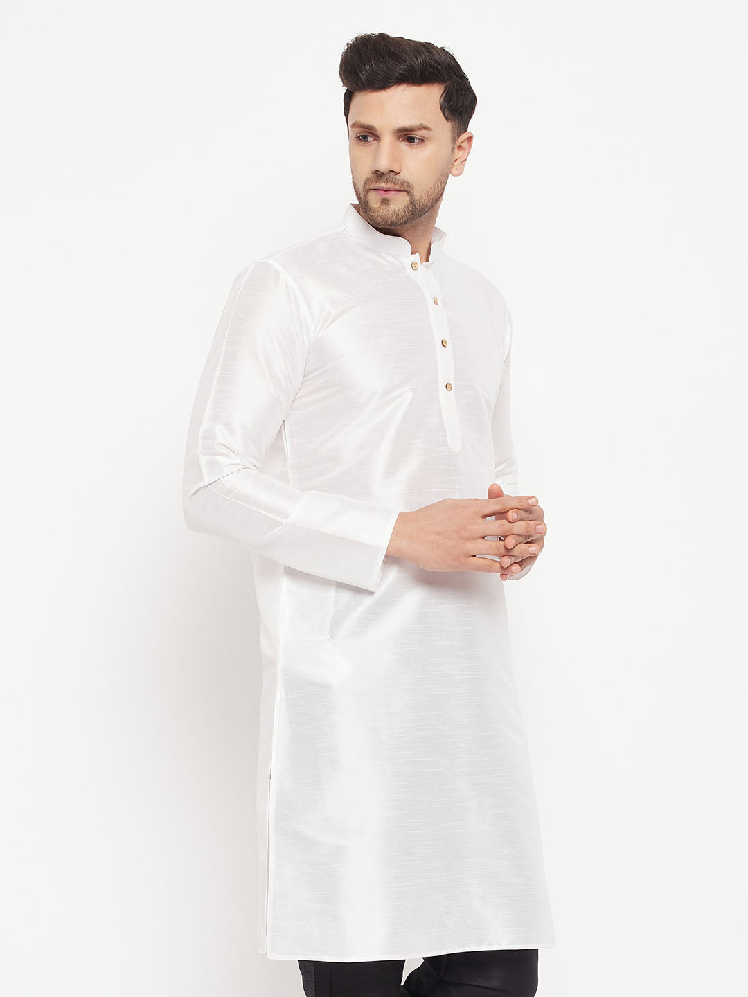 VASTRAMAY Men's White Cotton Silk Blend Kurta