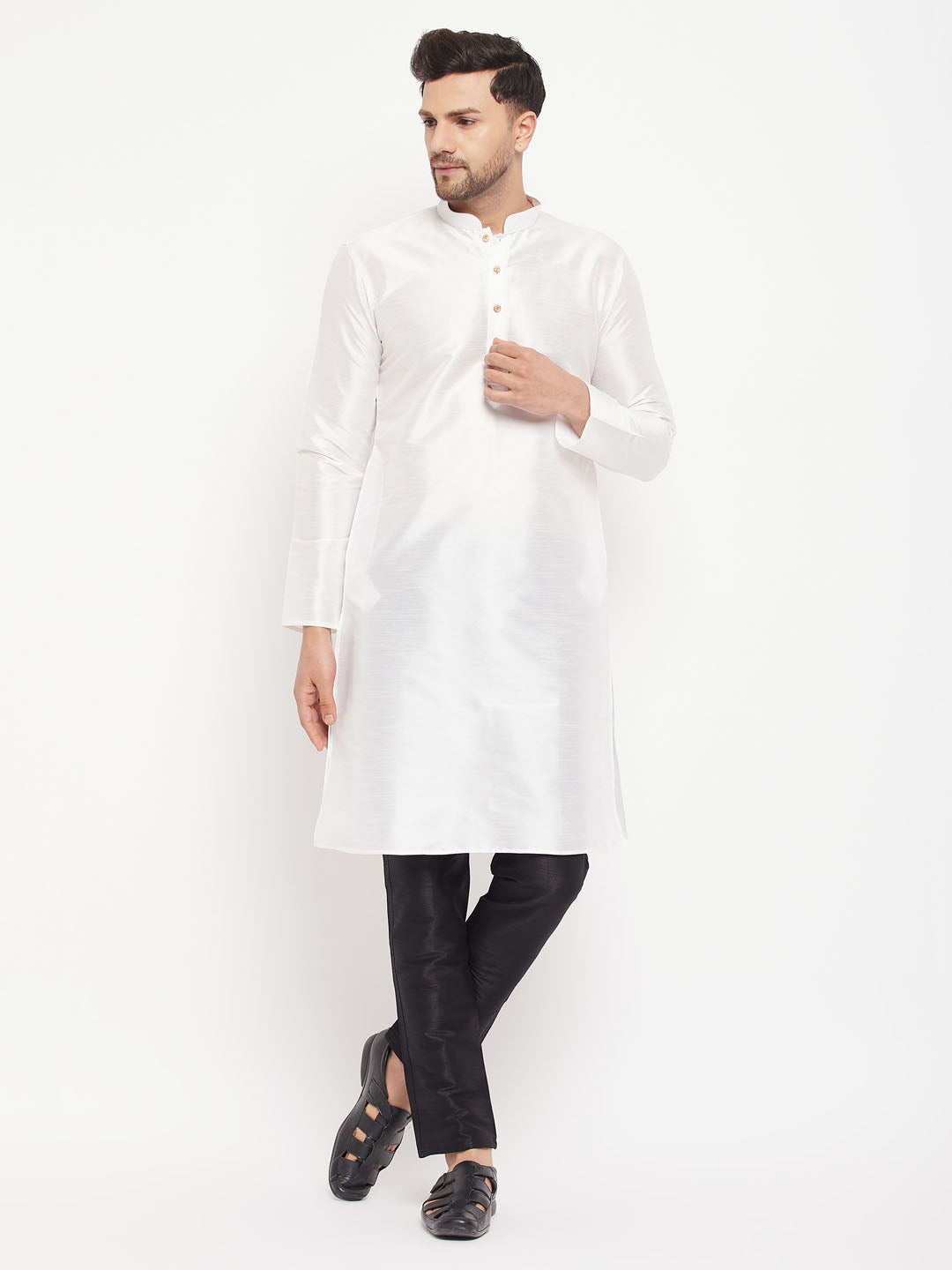 Men's White Cotton Silk Blend Kurta And Black Pant Style Pyjama Set
