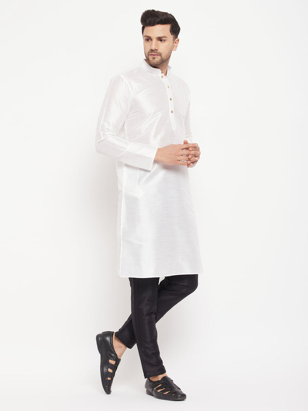 Men's White Cotton Silk Blend Kurta And Black Pant Style Pyjama Set