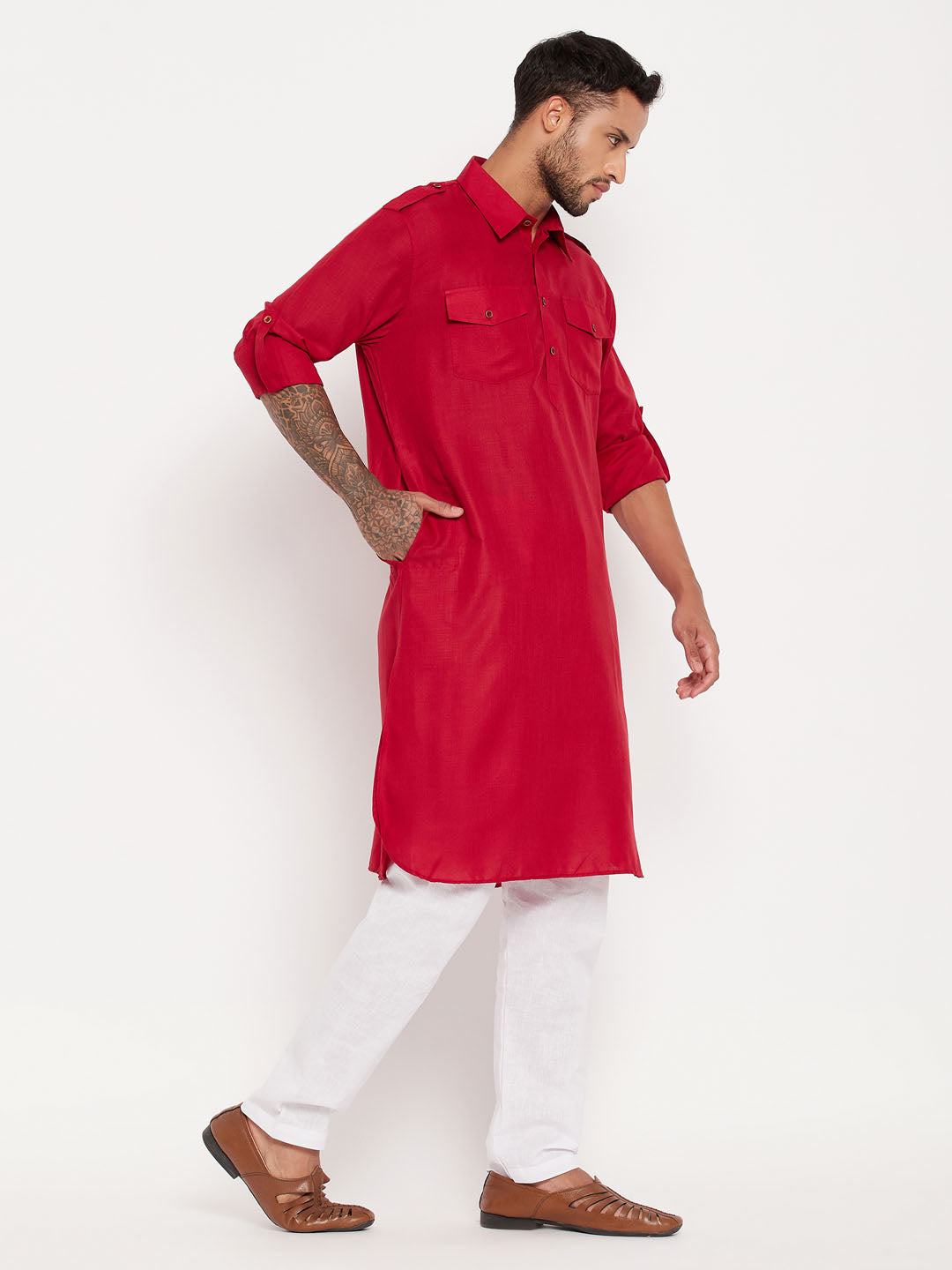Men's Maroon And White Cotton Blend Pathani Suit Set