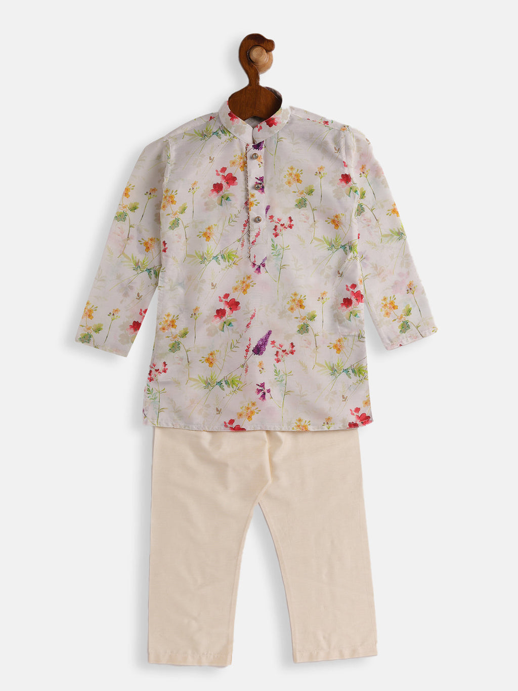 Boy's Multicolor-Base-Cream Cotton Blend Kurta Pyjama Set