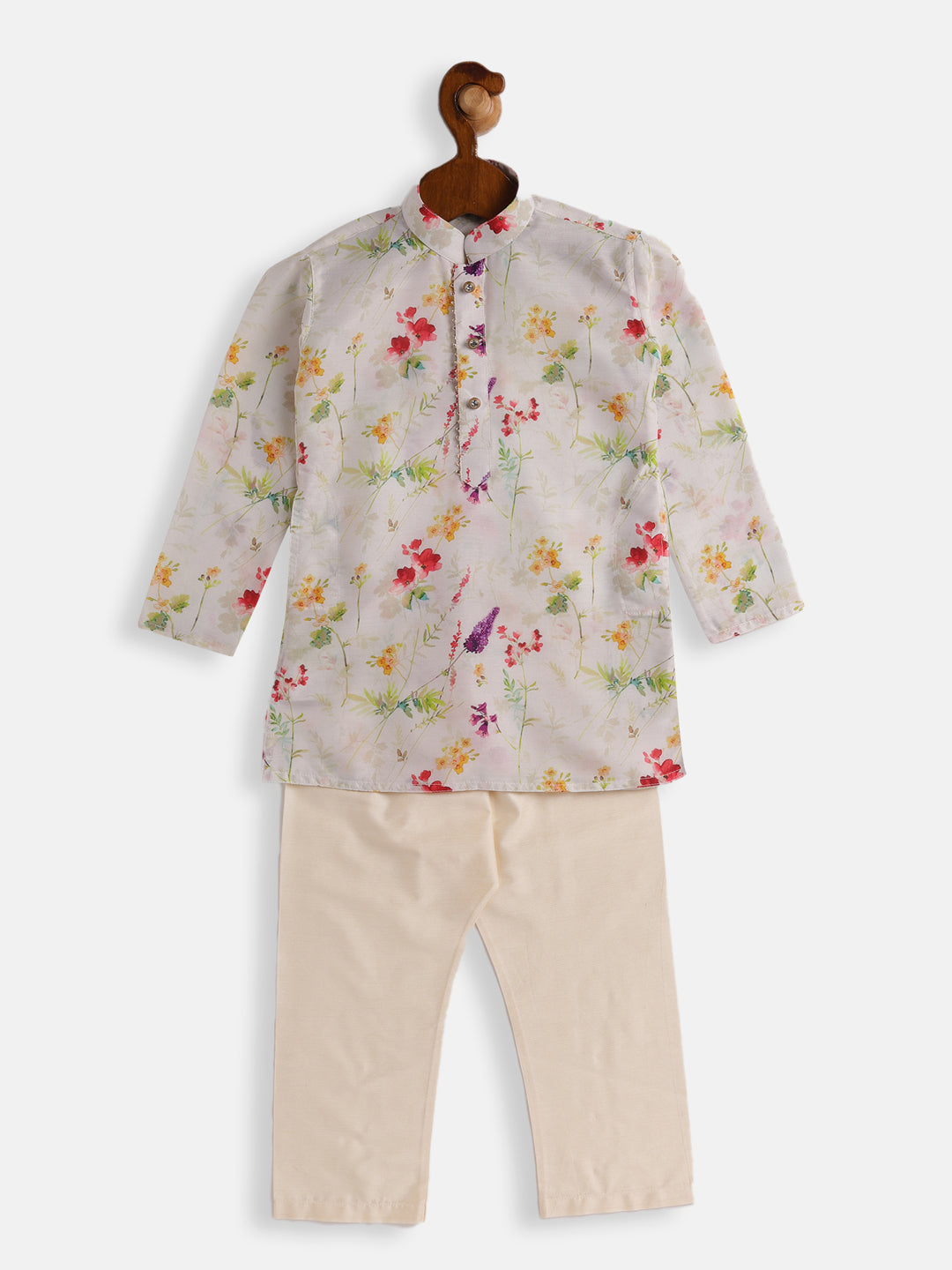 Boy's Multicolor-Base-Cream Cotton Blend Kurta Pyjama Set