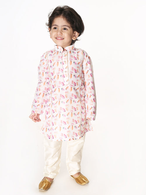 Boy's Multicolor-Base-White Cotton Blend Kurta Pyjama Set