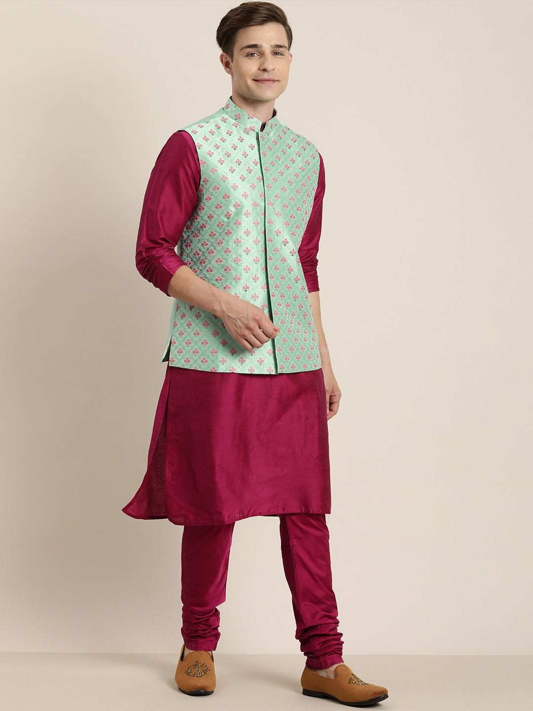 Men's Light Green Nerhu Jacket With Dark Pink Kurta Pyjama Set