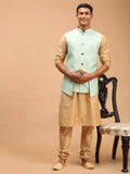 Men's Green Woven Design Ethnic Jacket And Rose Gold Kurta And Pyjama Set
