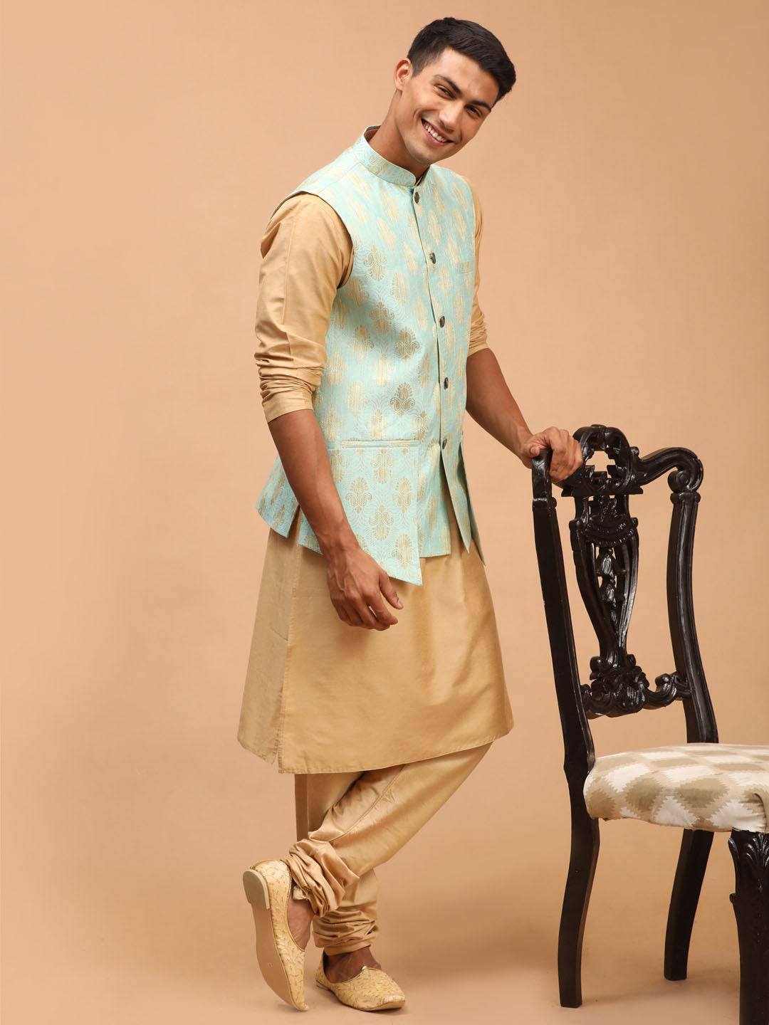 Men's Green Woven Design Ethnic Jacket And Rose Gold Kurta And Pyjama Set