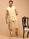 Men's Gold Woven Design Flap Ethnic Jacket And Rose Gold Kurta And Pyjama Set