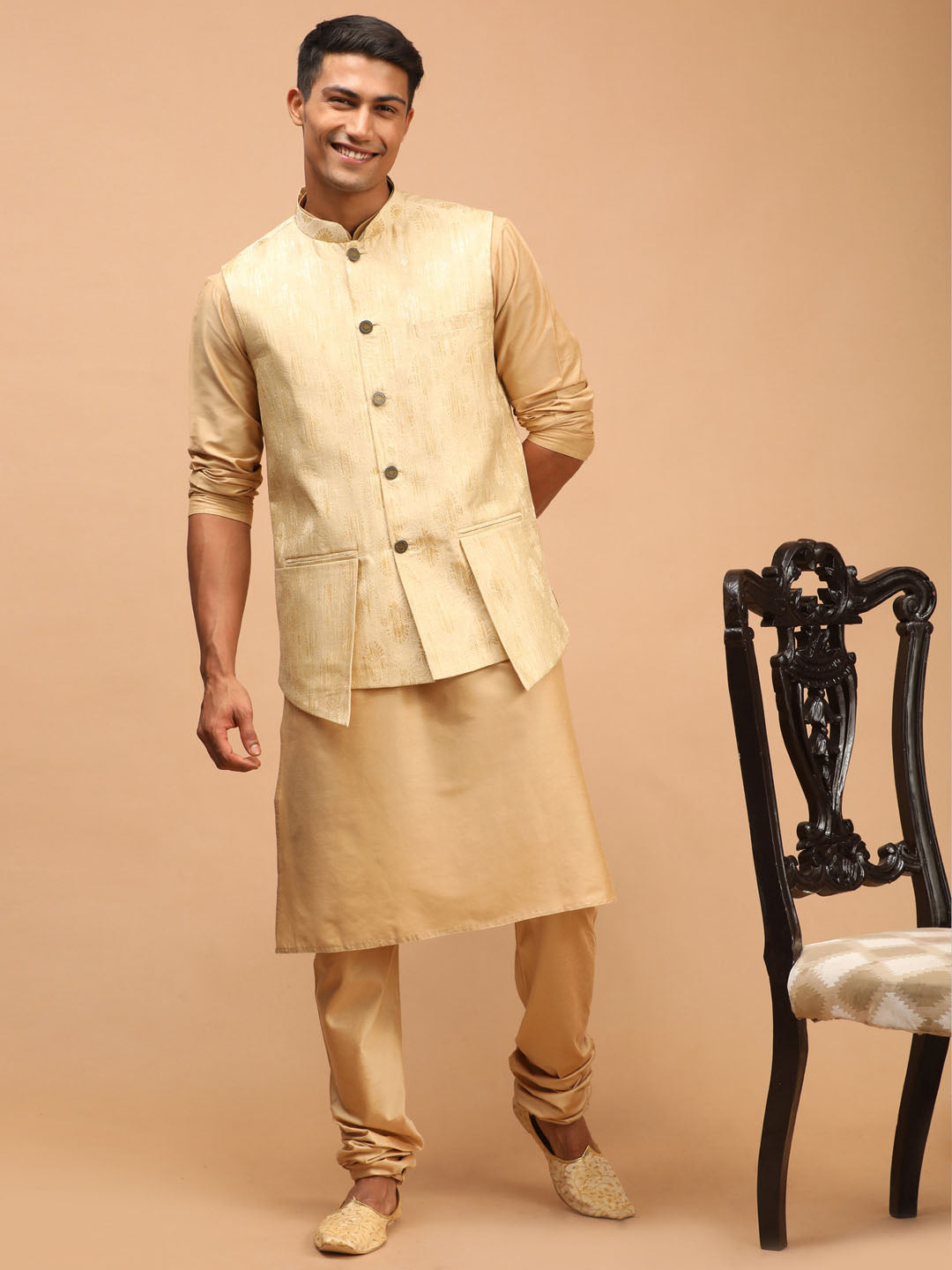 Men's Gold Woven Design Flap Ethnic Jacket And Rose Gold Kurta And Pyjama Set