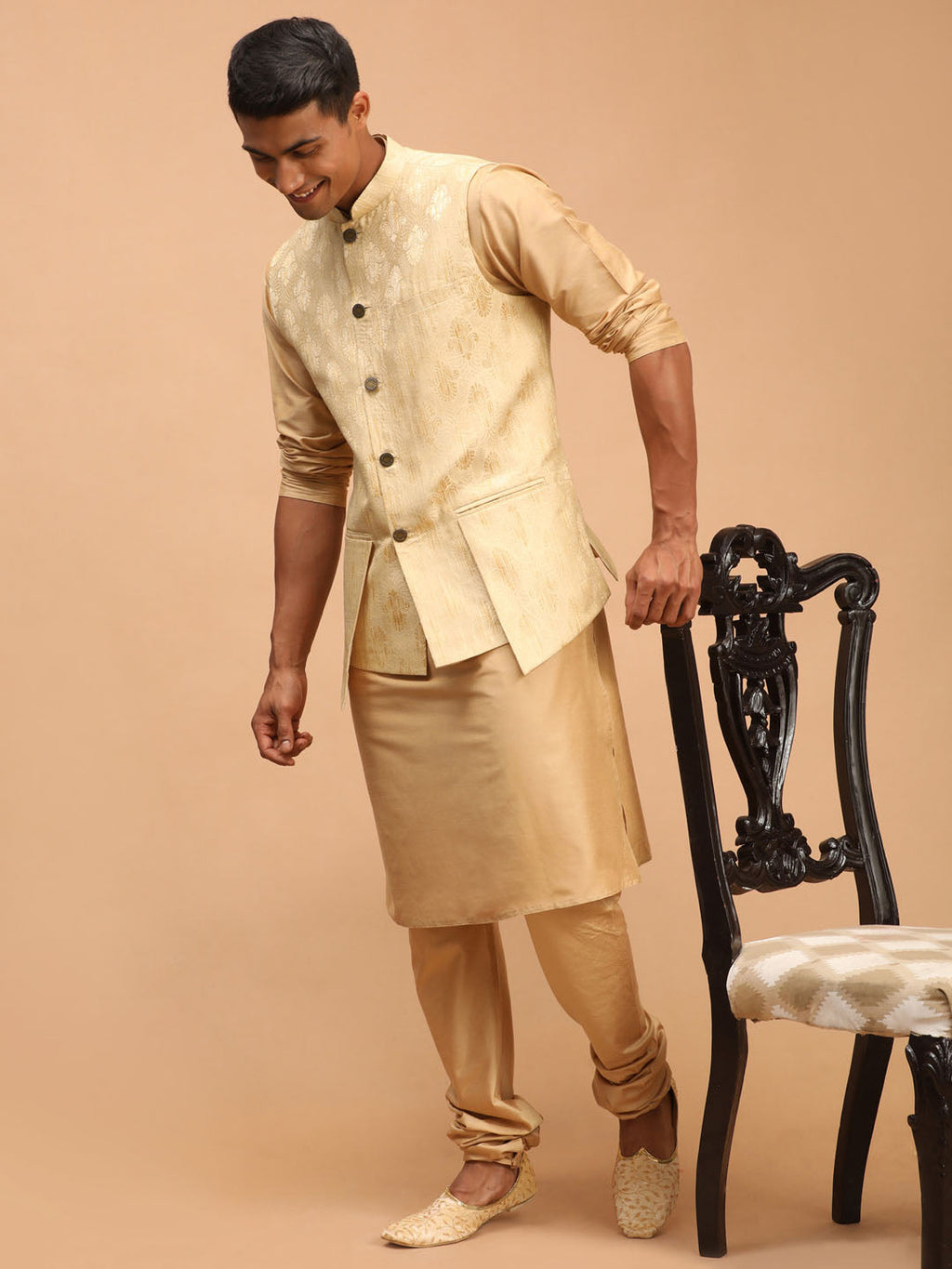 Men's Gold Woven Design Flap Ethnic Jacket And Rose Gold Kurta And Pyjama Set