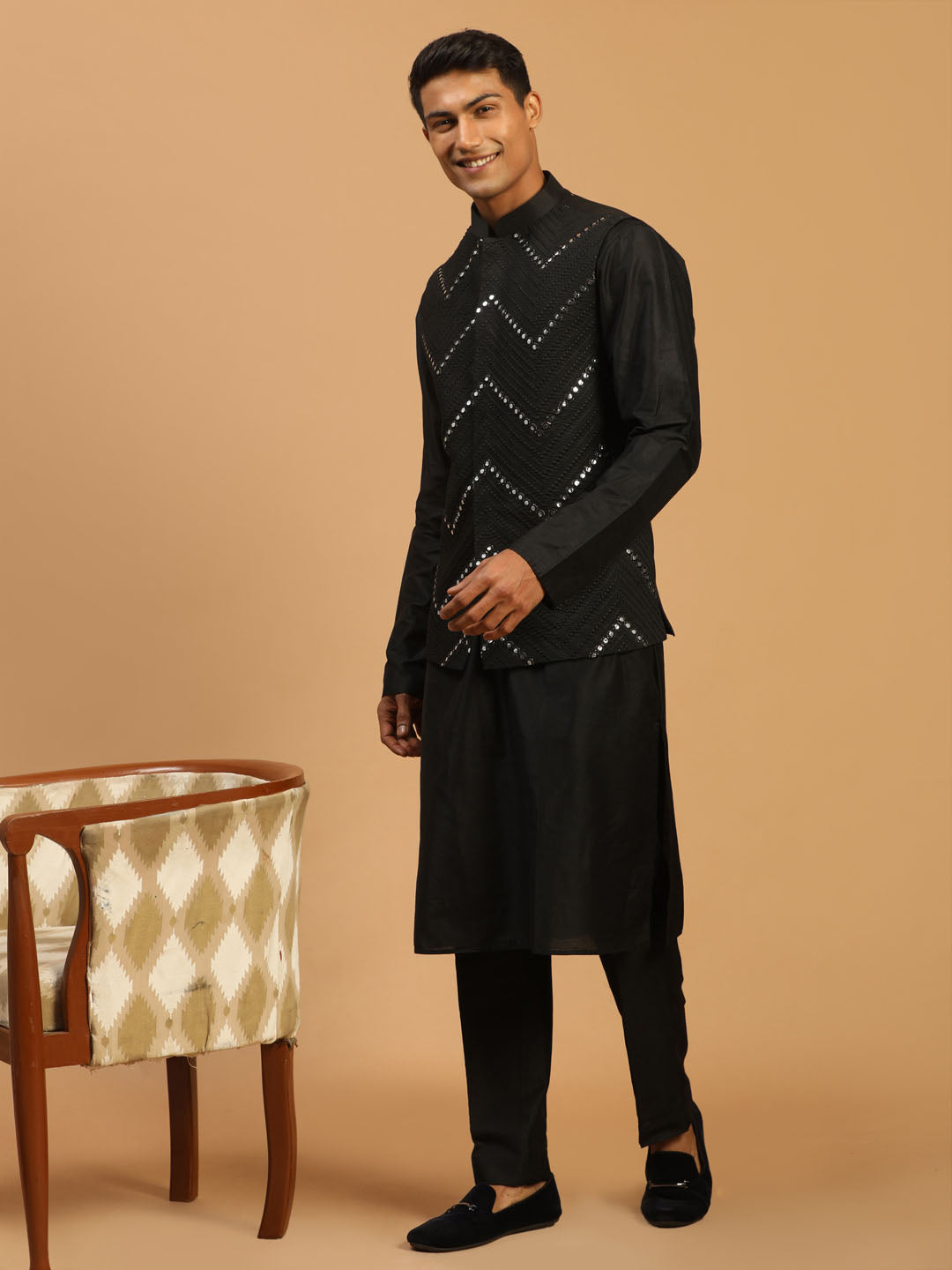 Men's Black Mirror Jacket With Kurta Pyjama Set