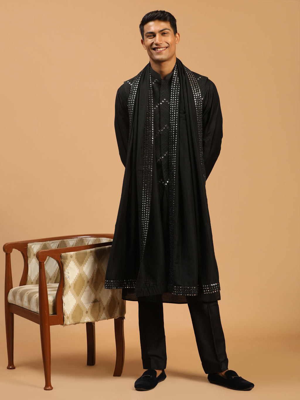 Men's Black Mirror Jacket With Kurta Pant And Dupatta Set