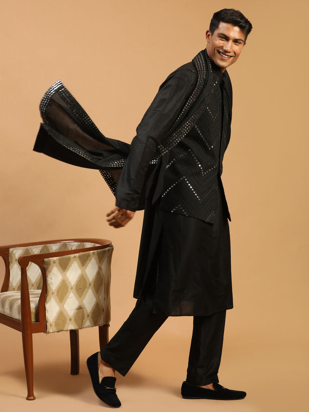 Men's Black Mirror Jacket With Kurta Pant And Dupatta Set