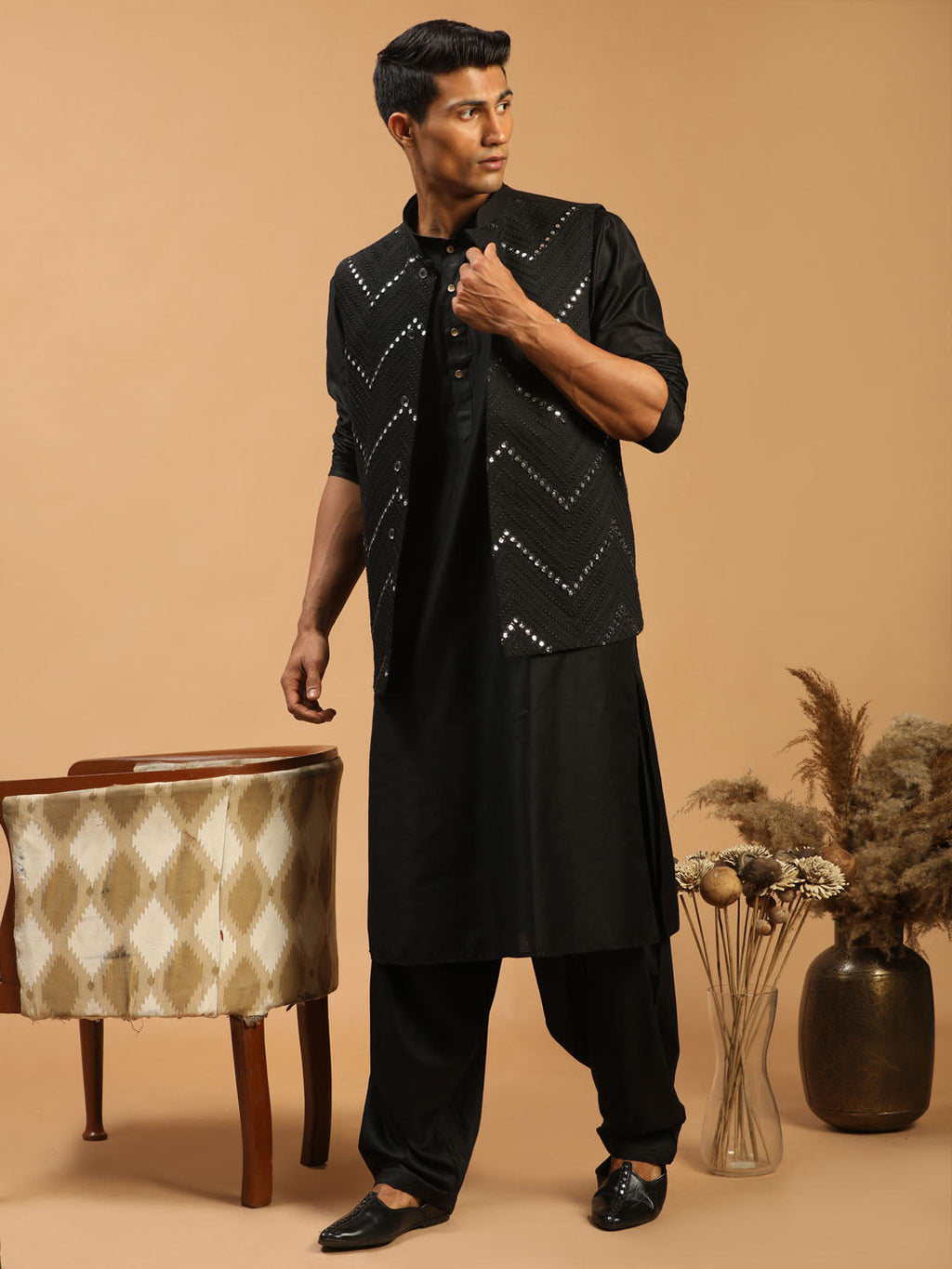 Men's Black Mirror Jacket With Kurta Patiala Set