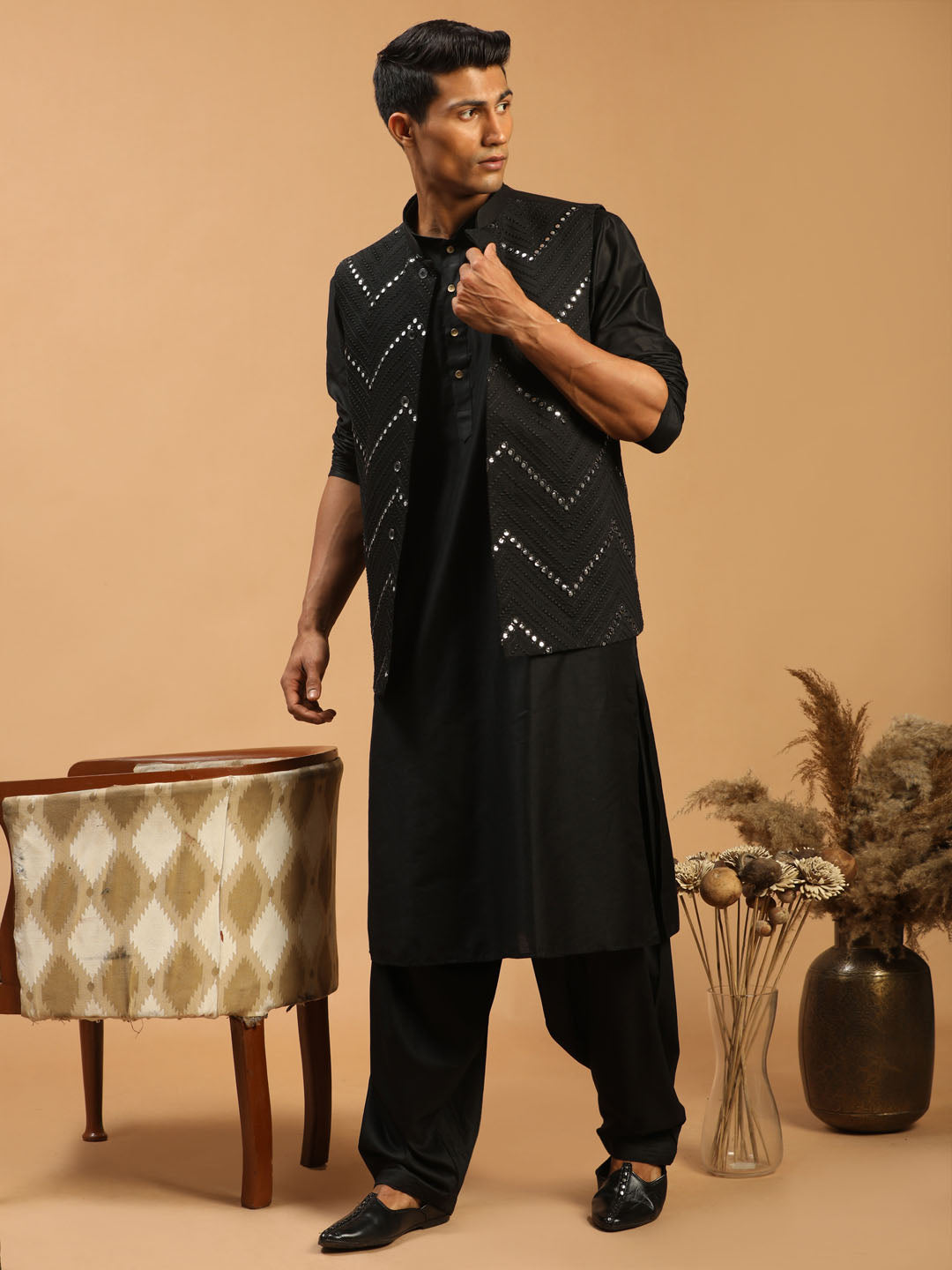 Men's Black Mirror Jacket With Kurta Patiala Set