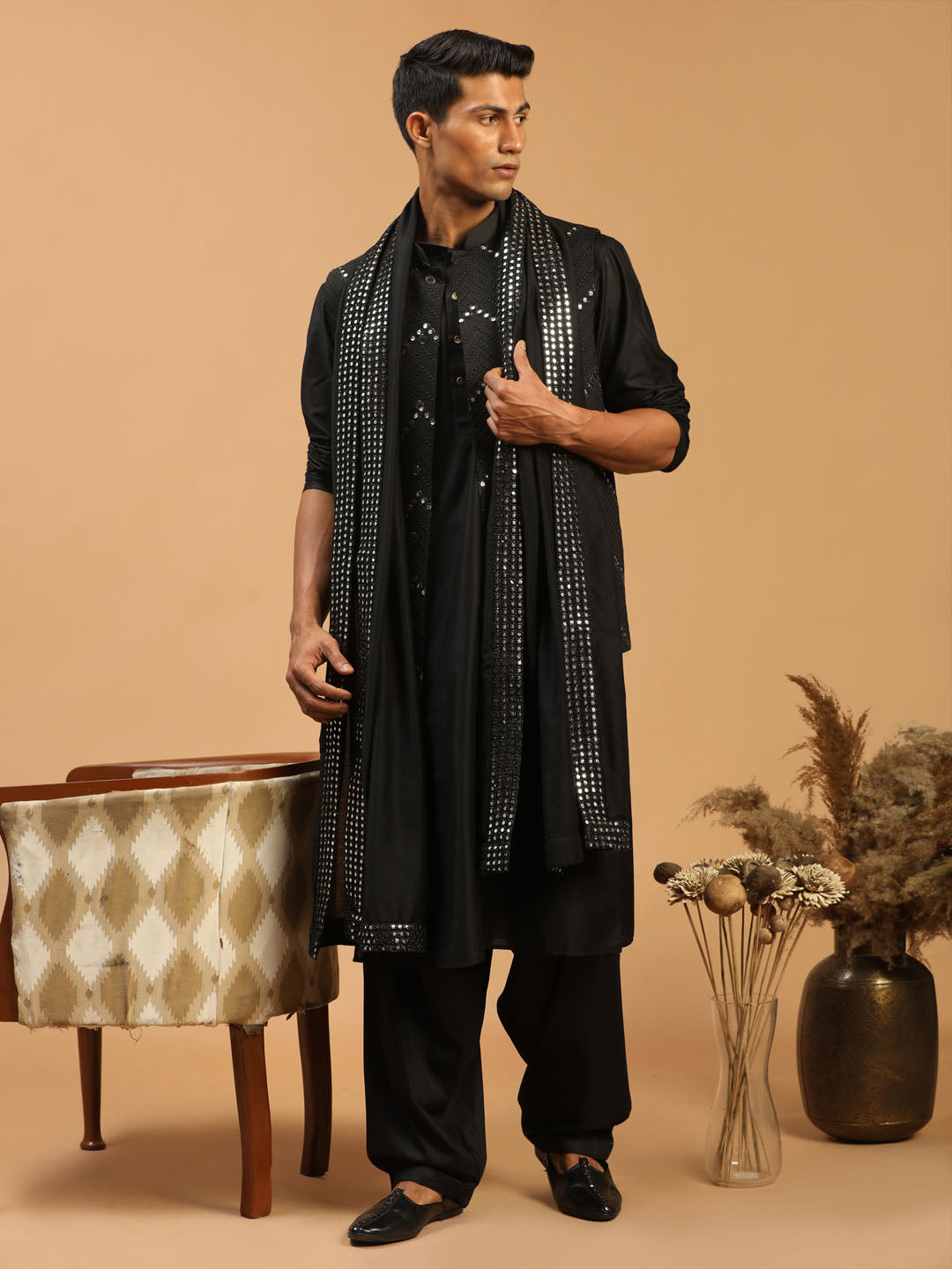 Men's Black Mirror Jacket With Kurta Patiala And Dupatta Set