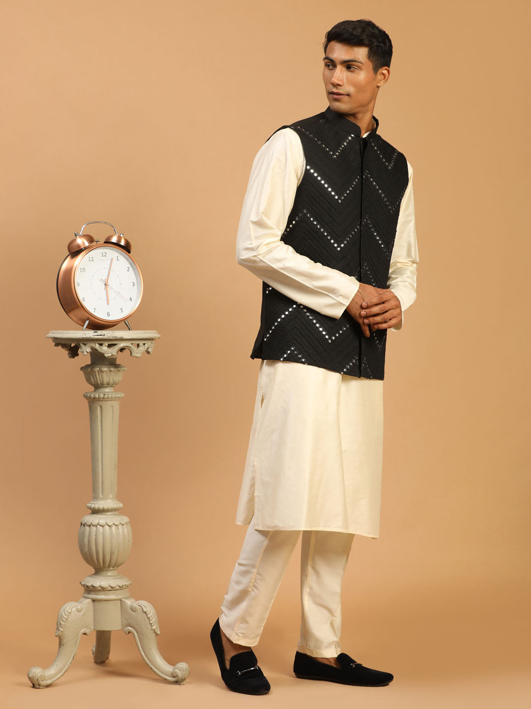 Men's Black Mirror Jacket With Kurta Pant Set