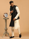 Men's Black Mirror Jacket With Kurta Pant And Dupatta Set