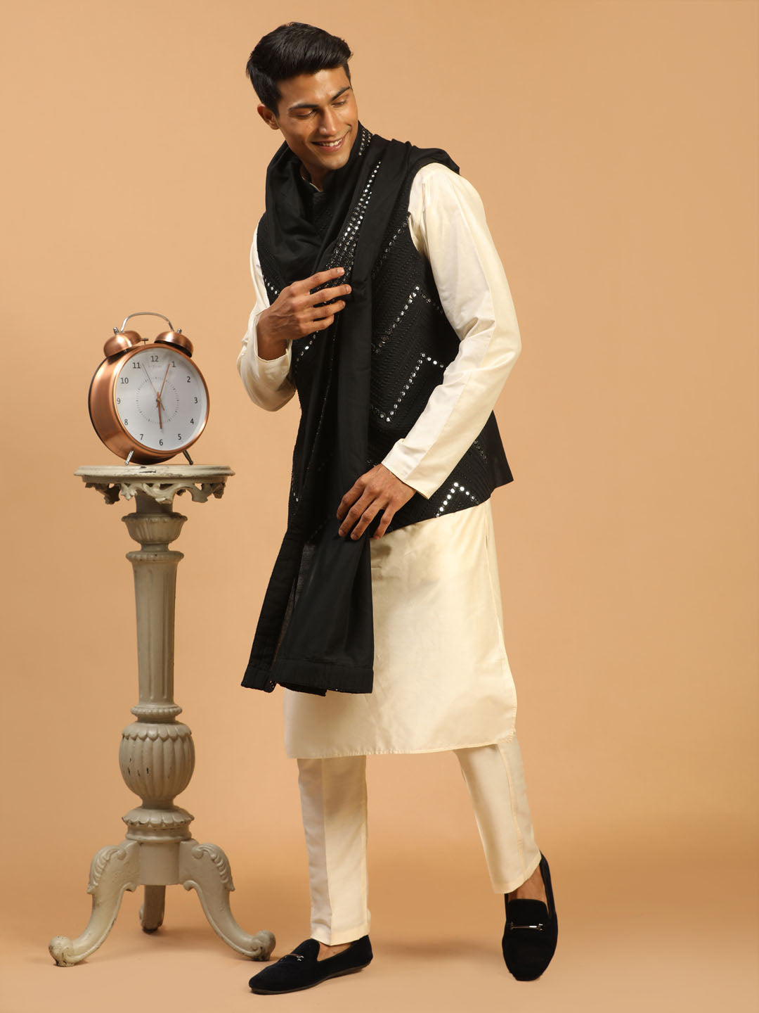 Men's Black Mirror Jacket With Kurta Pant And Dupatta Set