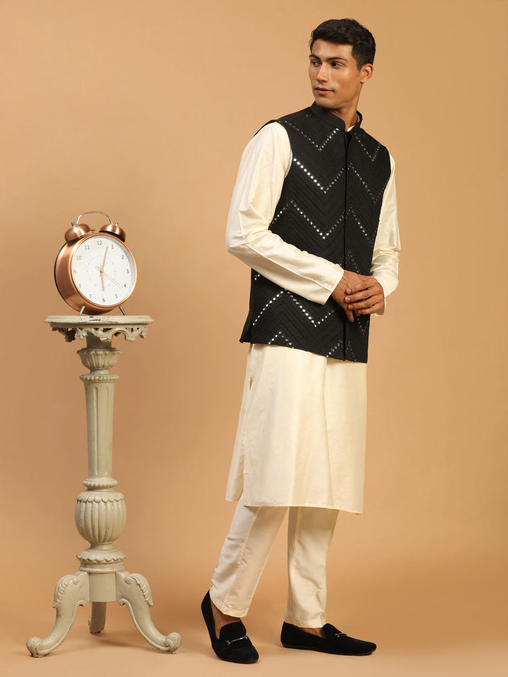 Men's Black Mirror Jacket With Kurta Pant And Dupatta Set