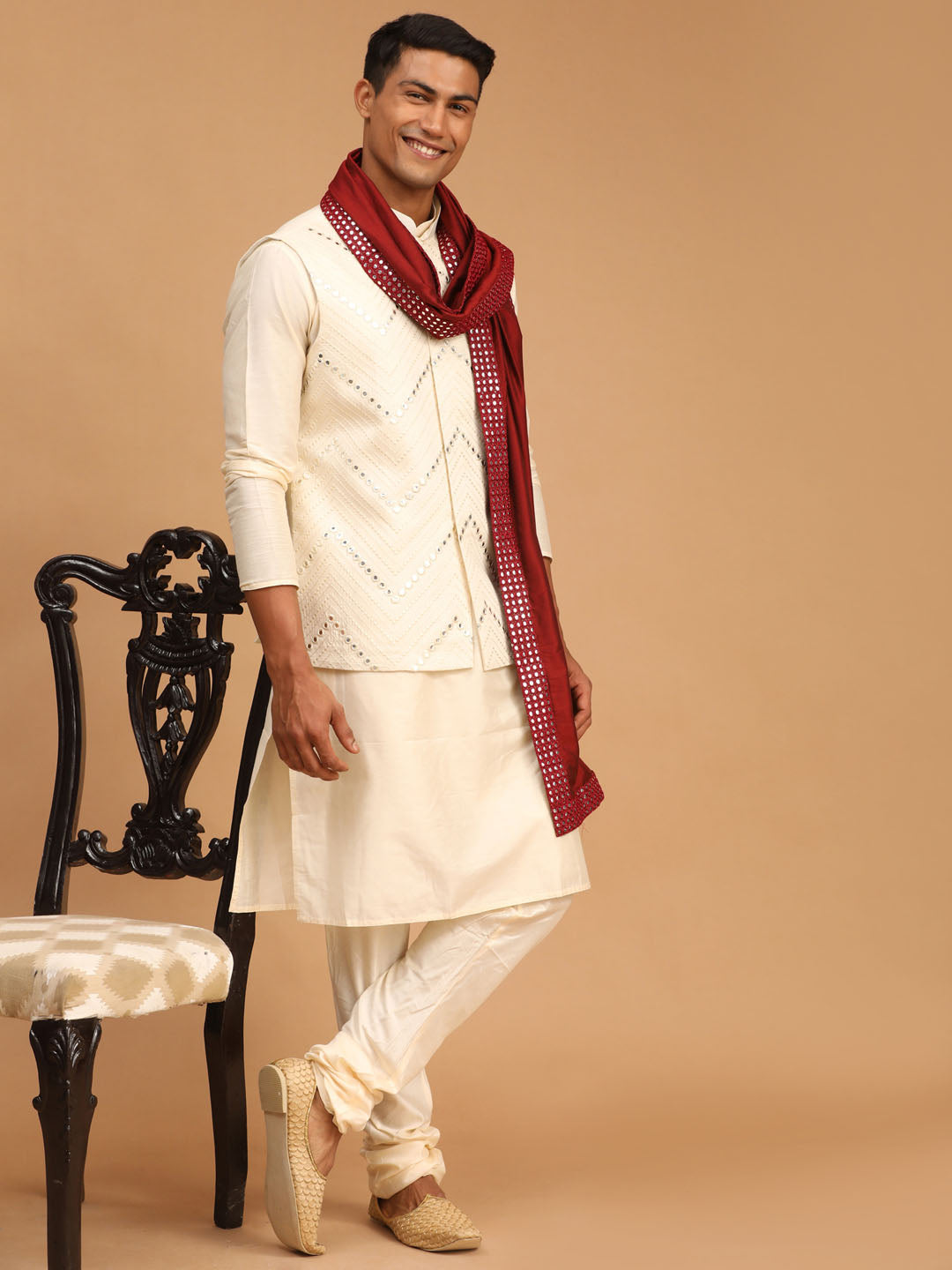 Men's Cream Mirror Jacket With Kurta Pyjama And Dupatta Set