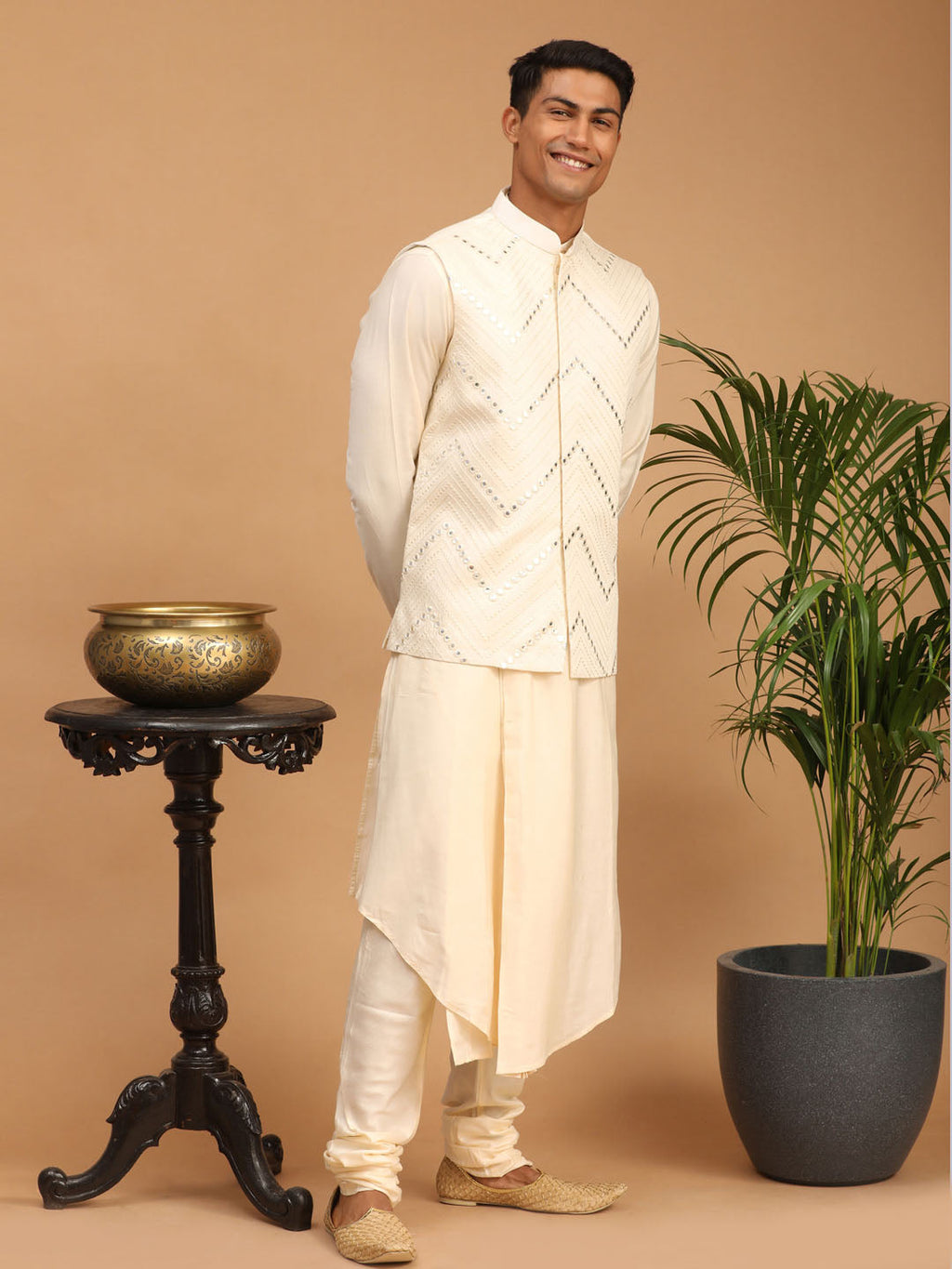 Men's Cream Mirror Jacket With Pleated Kurta Pyjama Set