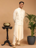 Men's Cream Mirror Jacket With Pleated Kurta Pyjama Set