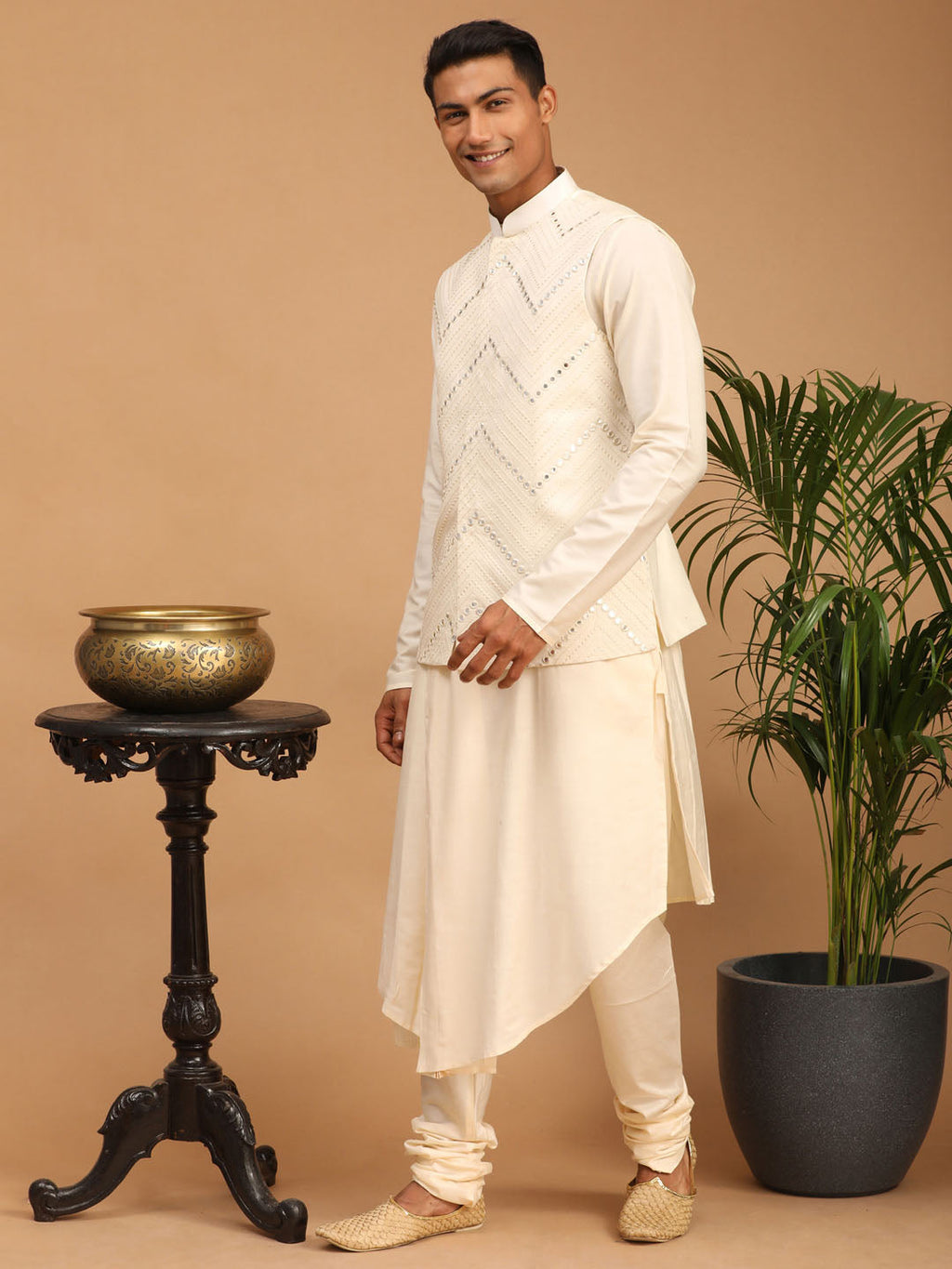 Men's Cream Mirror Jacket With Pleated Kurta Pyjama Set
