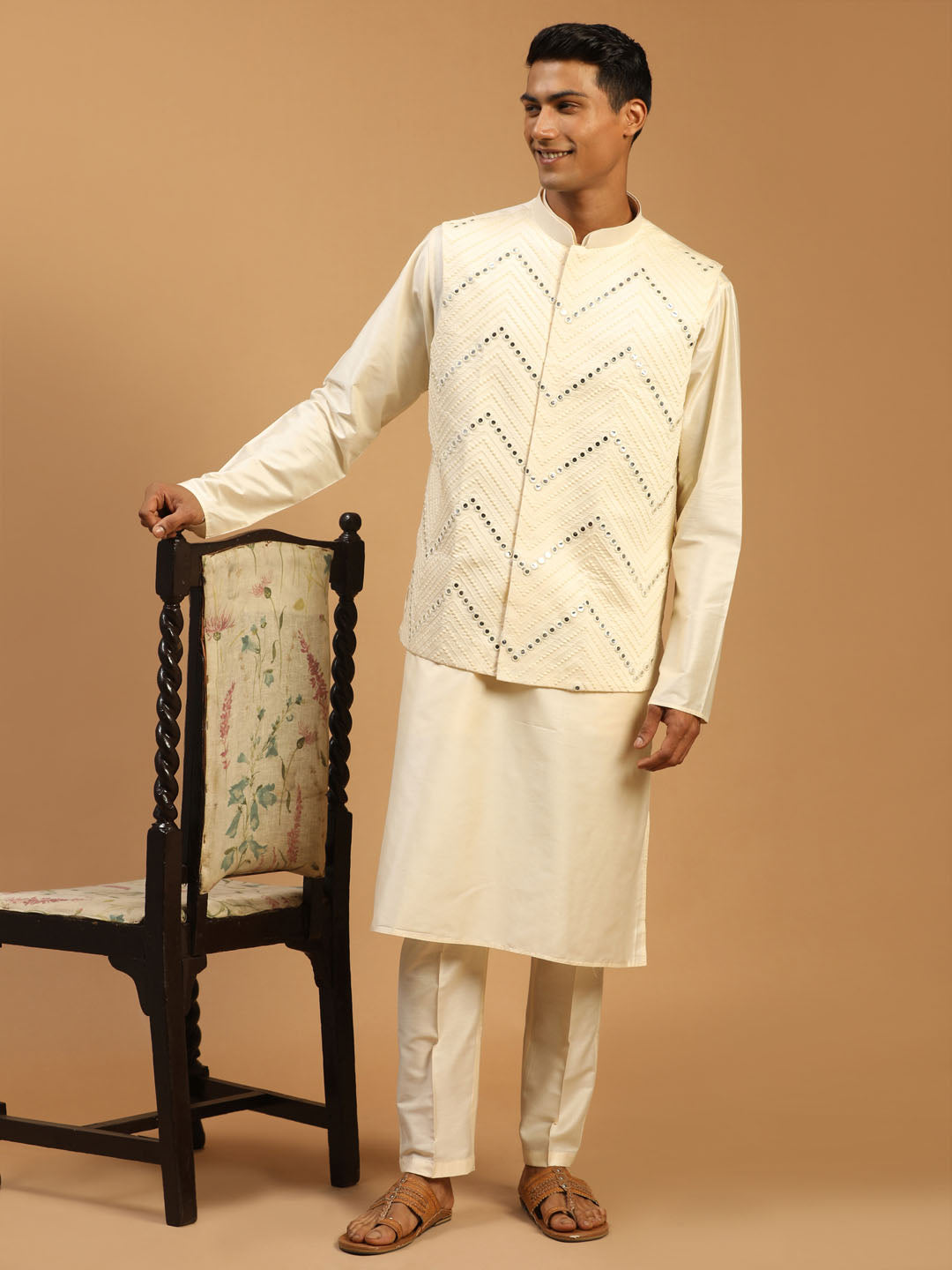 Men's Cream Mirror Jacket With Kurta Pant Set
