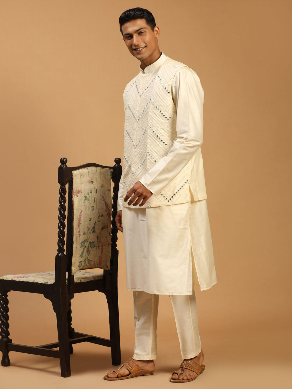Men's Cream Mirror Jacket With Kurta Pant Set