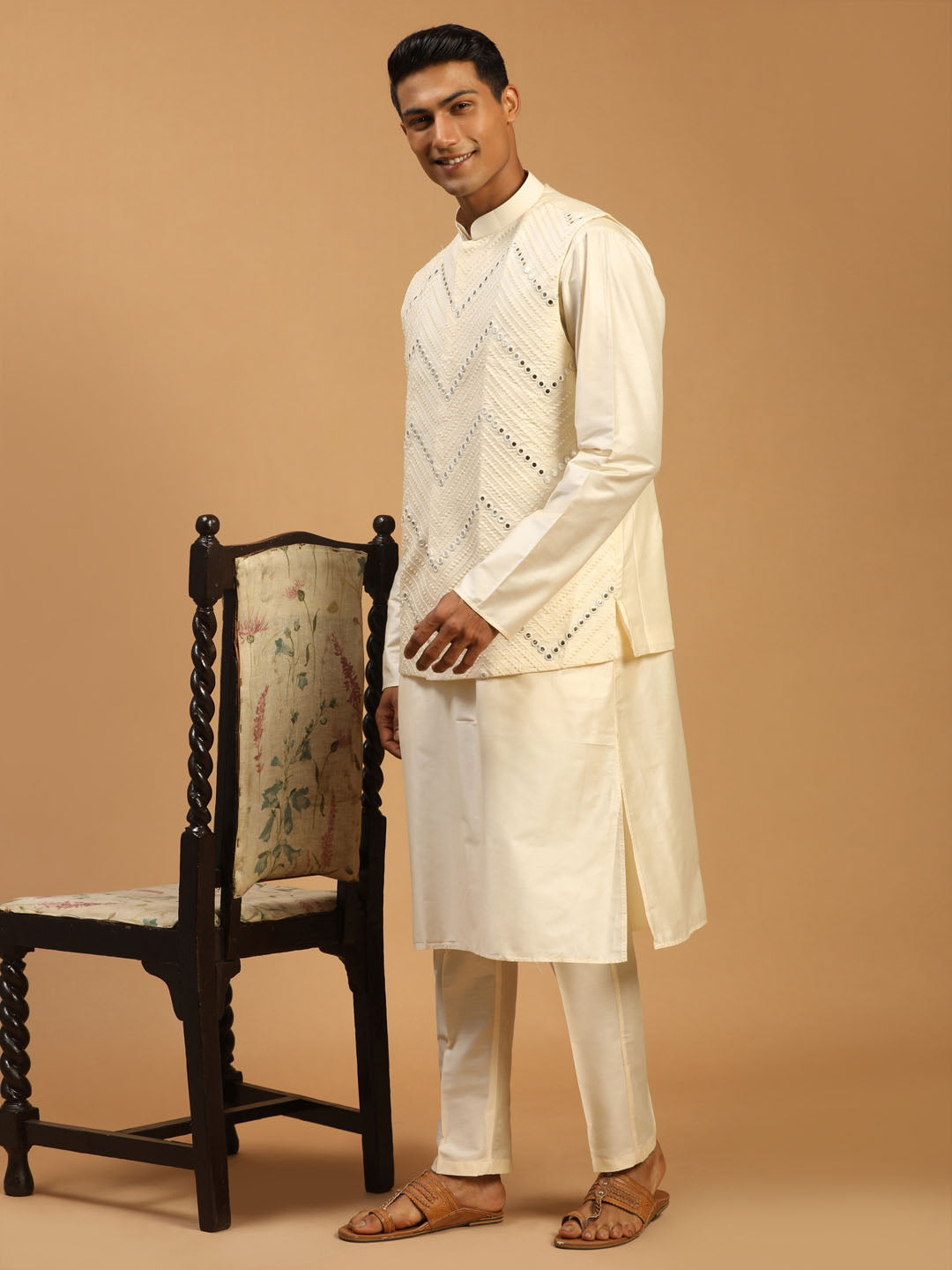Men's Cream Mirror Jacket With Kurta Pant Set