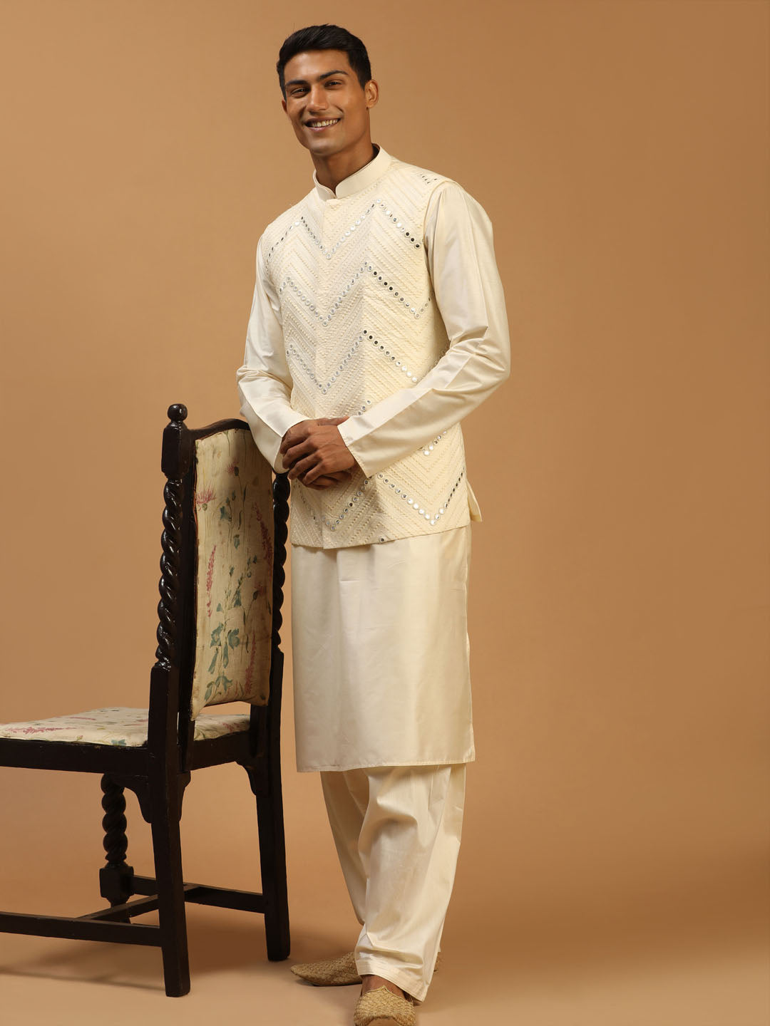 Men's Cream Mirror Jacket With Kurta Patiala Set