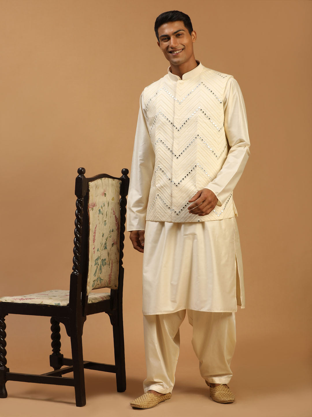 Men's Cream Mirror Jacket With Kurta Patiala Set