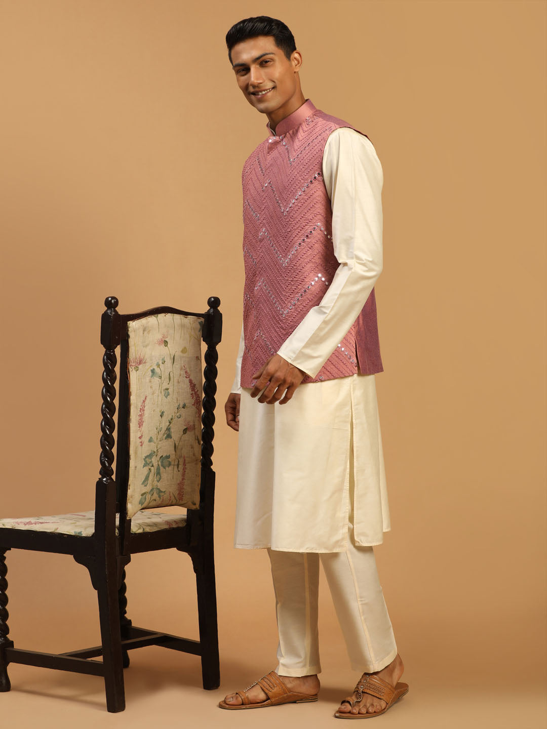 Men's Onion Mirror Jacket With Kurta Pant Set