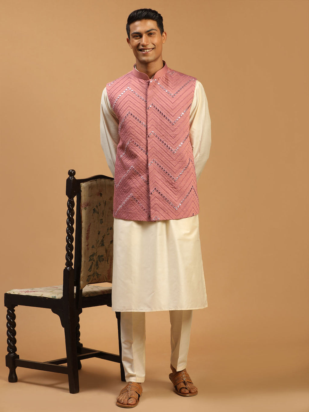 Men's Onion Mirror Jacket With Kurta Pant Set