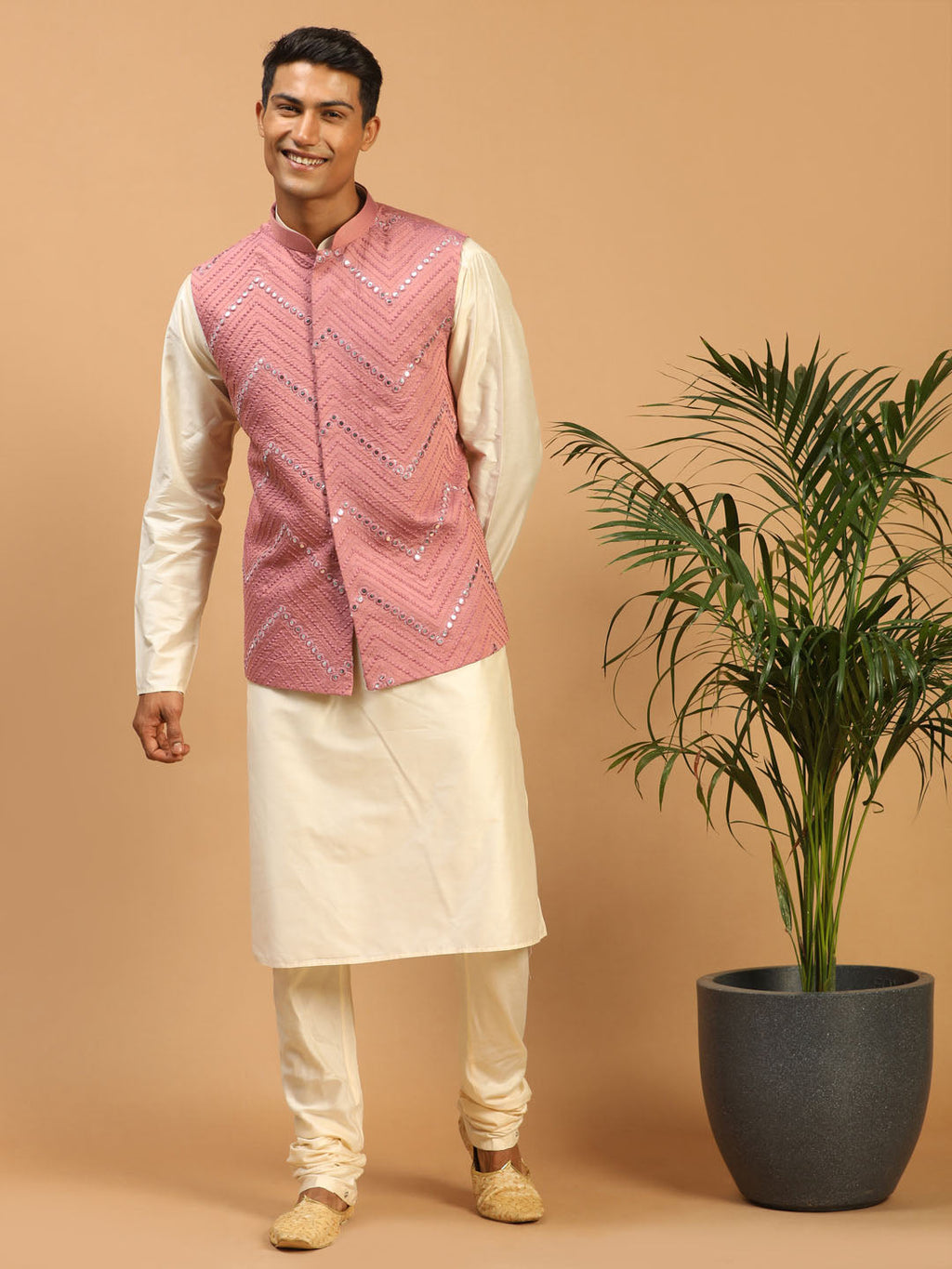 Men's Onion Pink Mirror Jacket With Kurta Pyjama Set