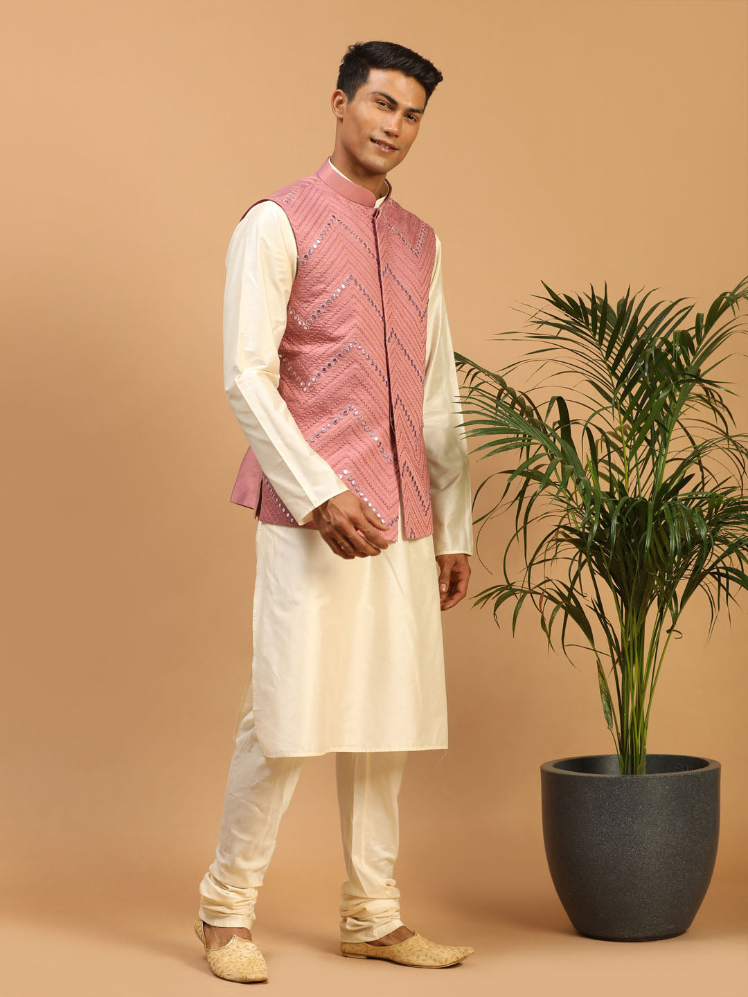 Men's Onion Pink Mirror Jacket With Kurta Pyjama Set