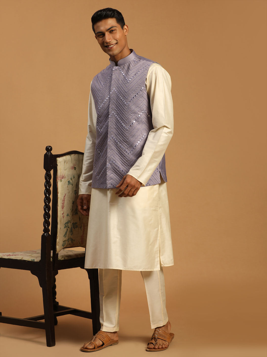 Men's Purple Mirror Jacket With Kurta Pant Set
