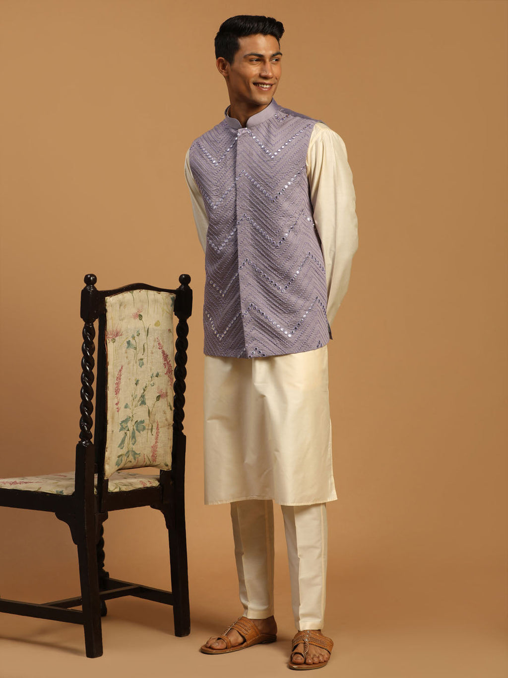 Men's Purple Mirror Jacket With Kurta Pant Set