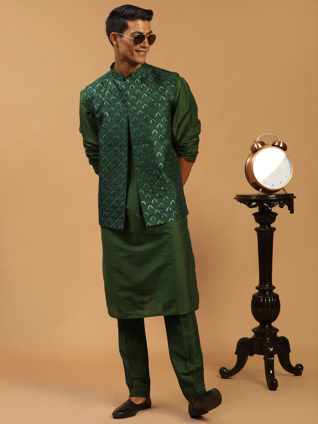 Men's Green Embellished Jacket And Green Kurta And Pant Set