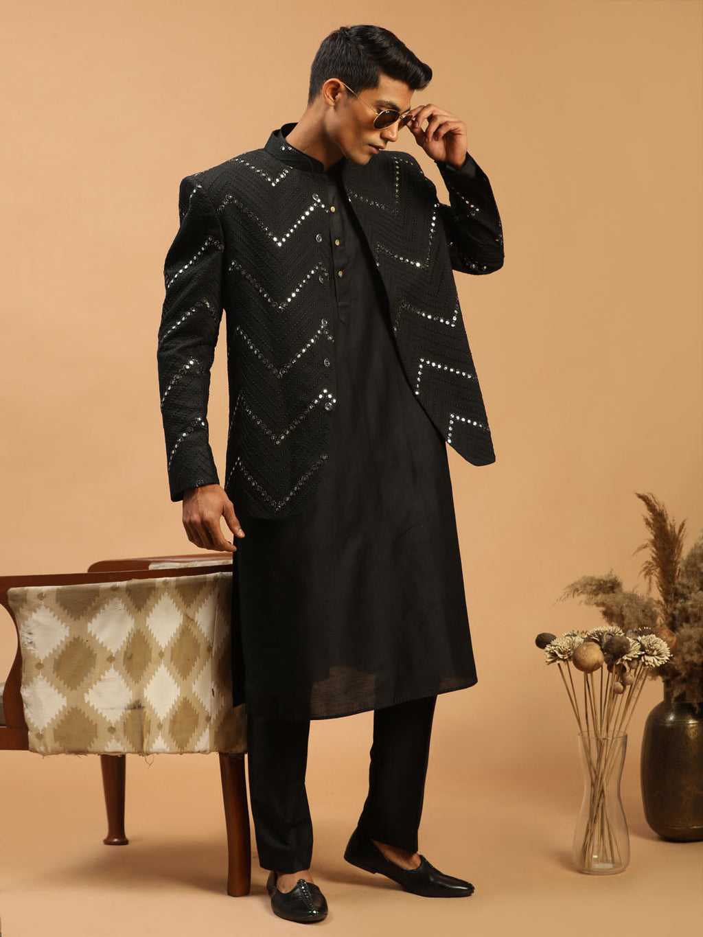 Men's Black Mirror Jodhpuri With Kurta Pant Set