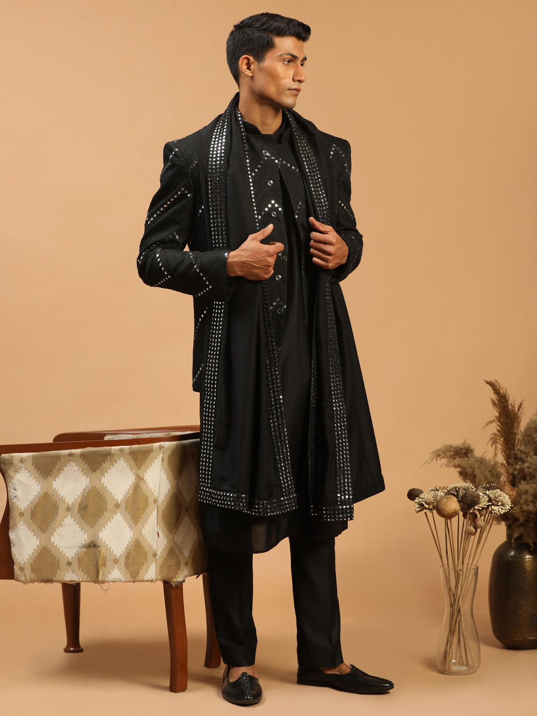 Men's Black Mirror Jodhpuri With Kurta Pant And Dupatta Set
