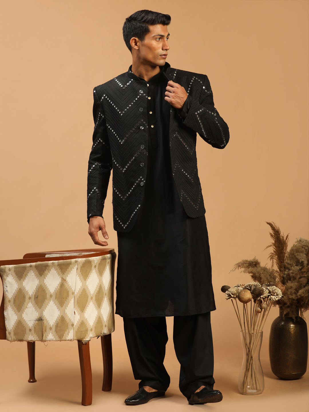 Men's Black Mirror Jodhpuri With Kurta Patiala Set