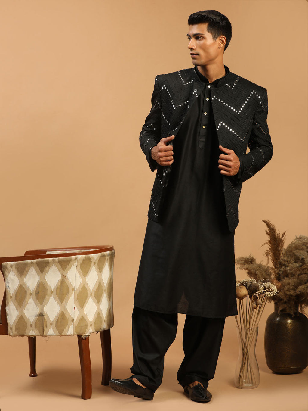 Men's Black Mirror Jodhpuri With Kurta Patiala Set