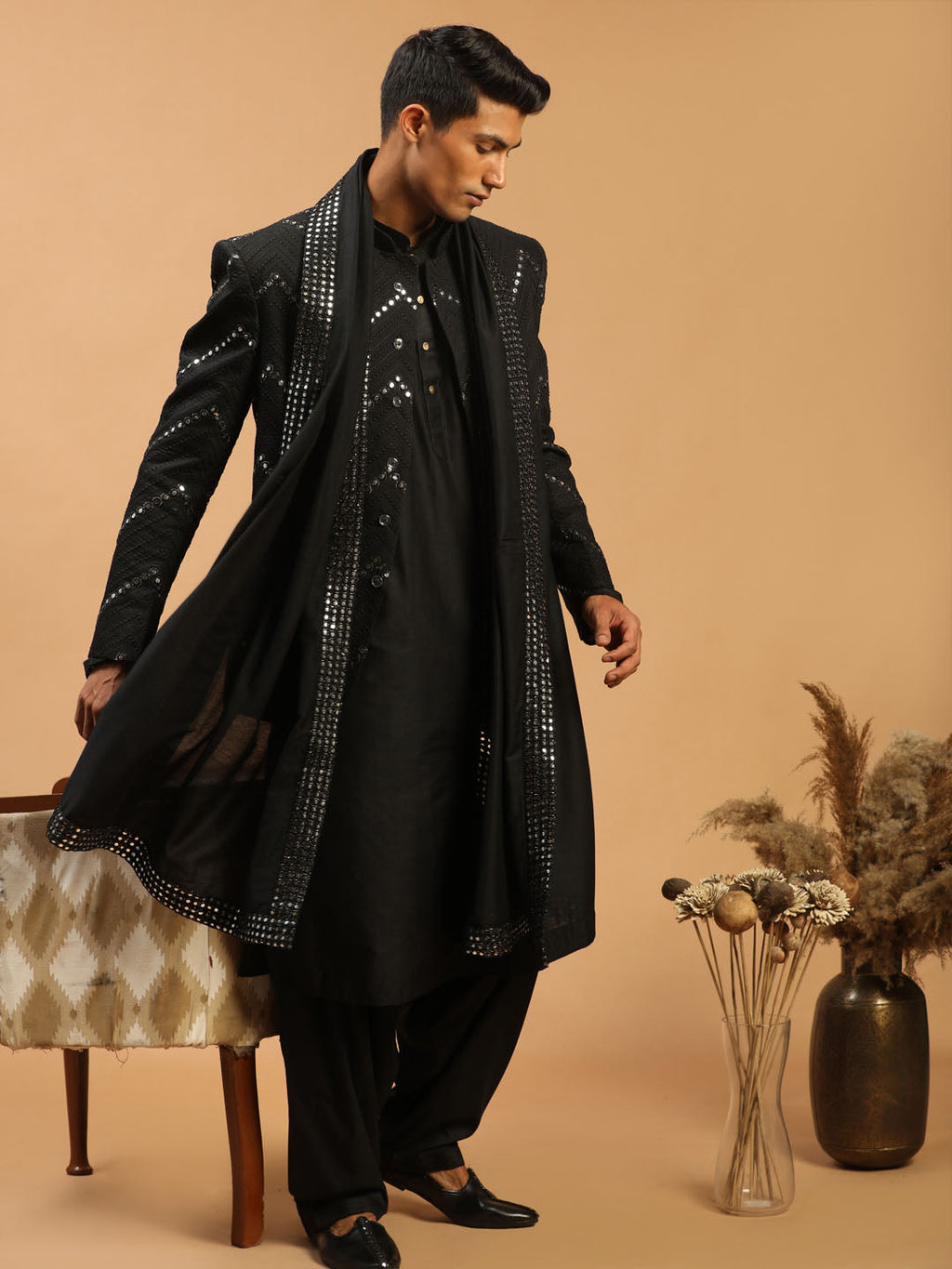 Men's Black Mirror Jodhpuri With Kurta Patiala And Dupatta Set