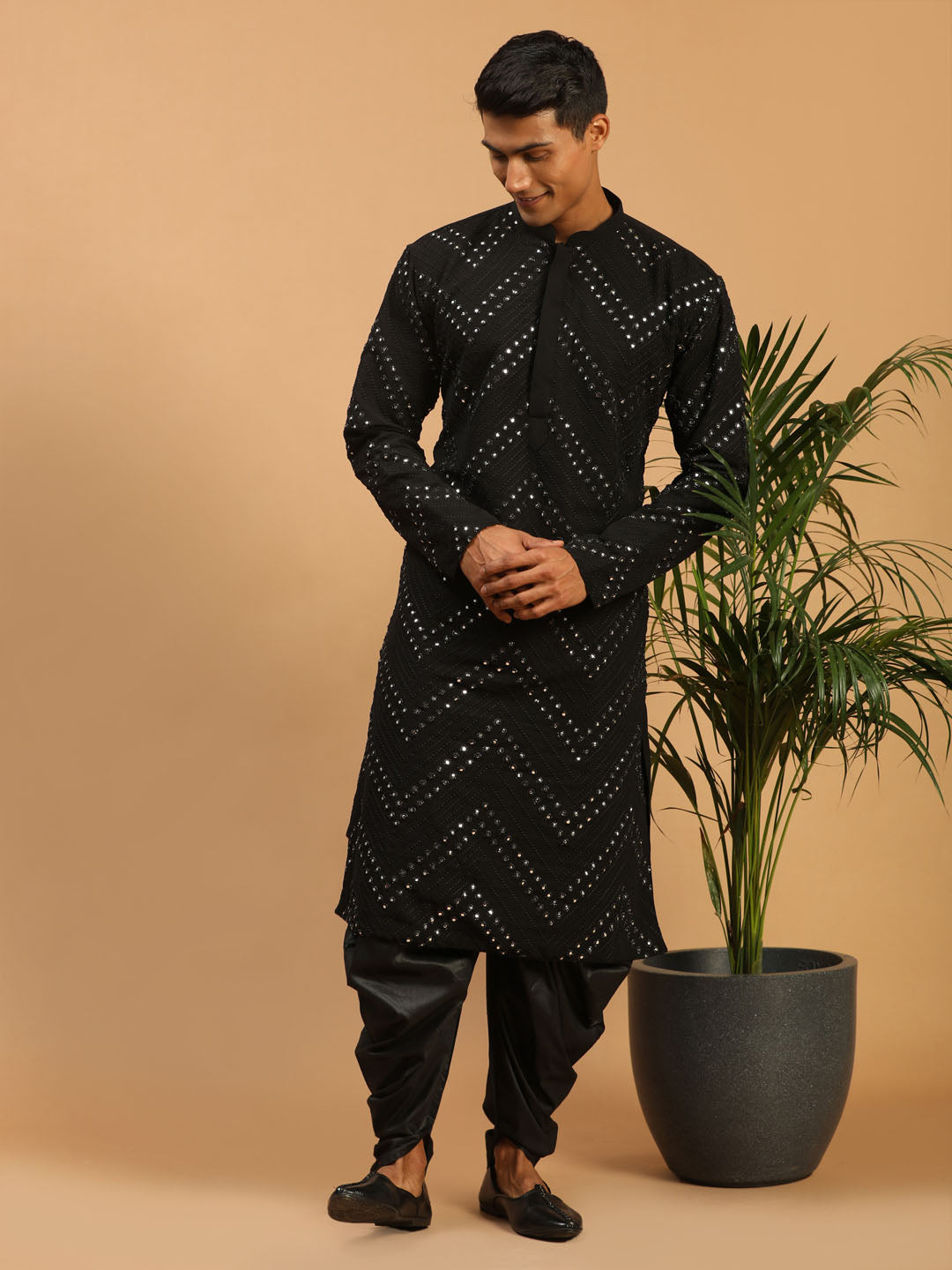 Men's Black Mirror Kurta Dhoti Set