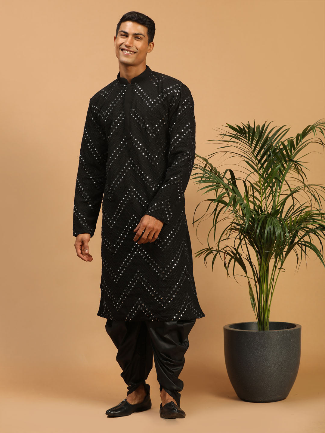 Men's Black Mirror Kurta Dhoti Set
