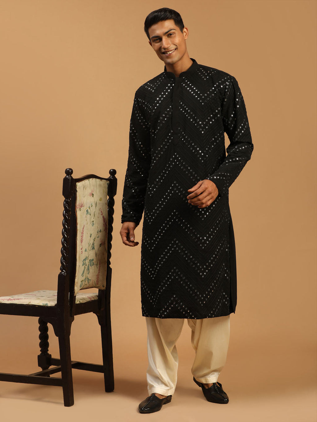 Men's Black Mirror Kurta With Patiala Set