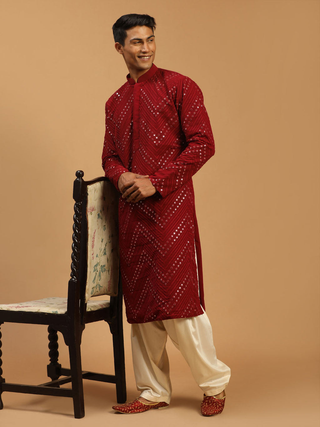 Men's Maroon Mirror Kurta With Patiala Set