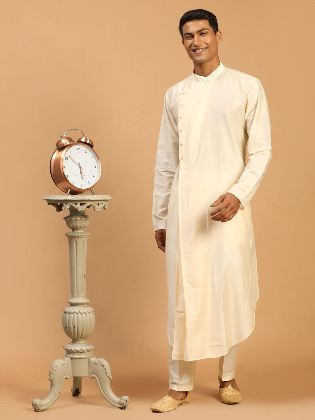 Men's Cream Pleated Kurta With Cream Pant Style Pyjama Set