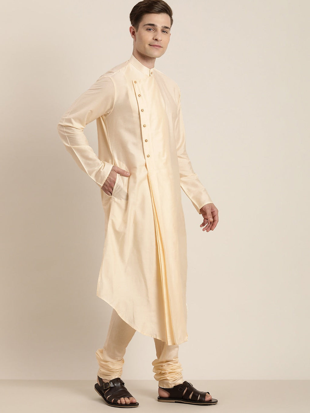 Men's Cream Pleated Kurta With Churidar Set
